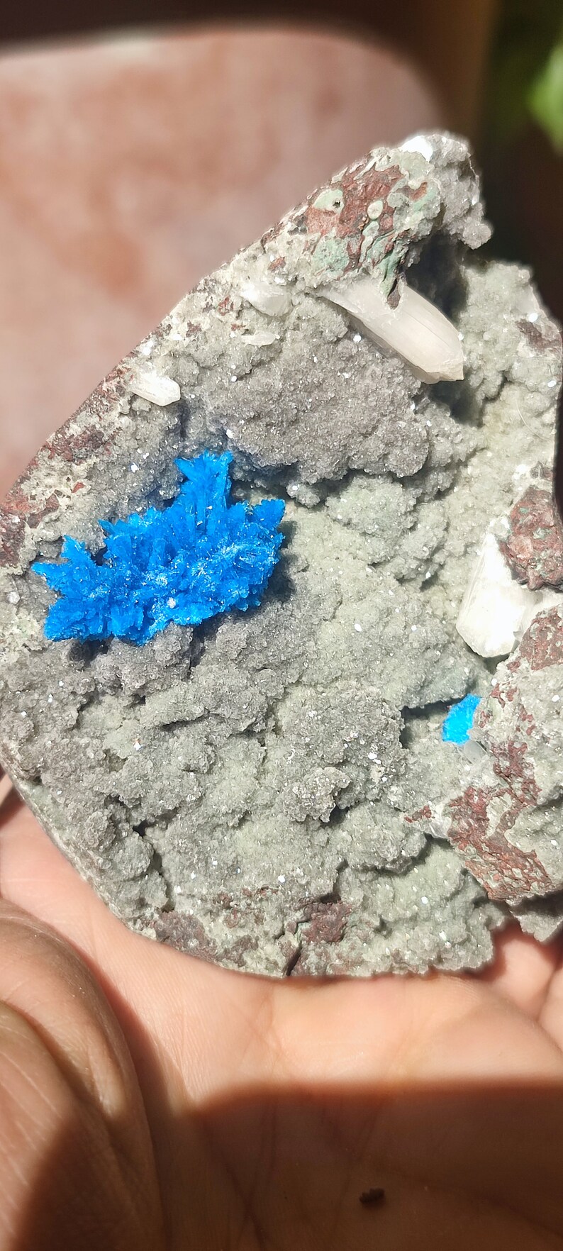 May include: A close-up of a rock formation with a cluster of bright blue crystals. The crystals are surrounded by a gray, textured surface with white and brown accents.