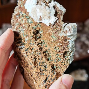 Puede incluir: Una roca rugosa de forma irregular con una superficie texturizada. La roca es principalmente marr&oacute;n con parches blancos y peque&ntilde;os puntos verdes y azul oscuro. La roca est&aacute; siendo sostenida por una mano.