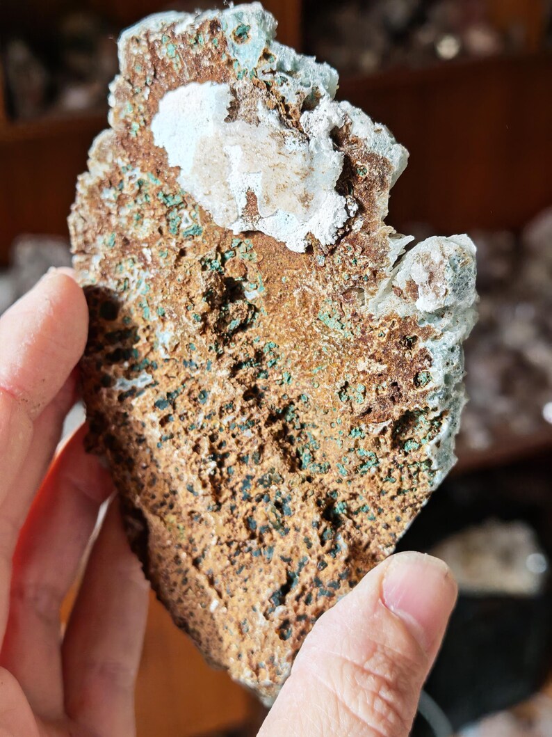 Puede incluir: Una roca rugosa de forma irregular con una superficie texturizada. La roca es principalmente marr&oacute;n con parches blancos y peque&ntilde;os puntos verdes y azul oscuro. La roca est&aacute; siendo sostenida por una mano.