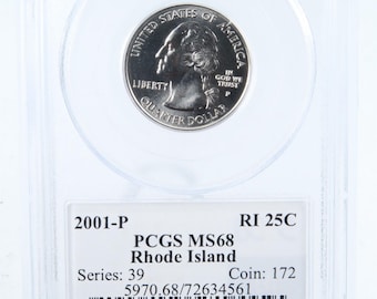 2001-P PCGS MS68 Huelga de negocios de moneda del estado de Rhode Island 25C