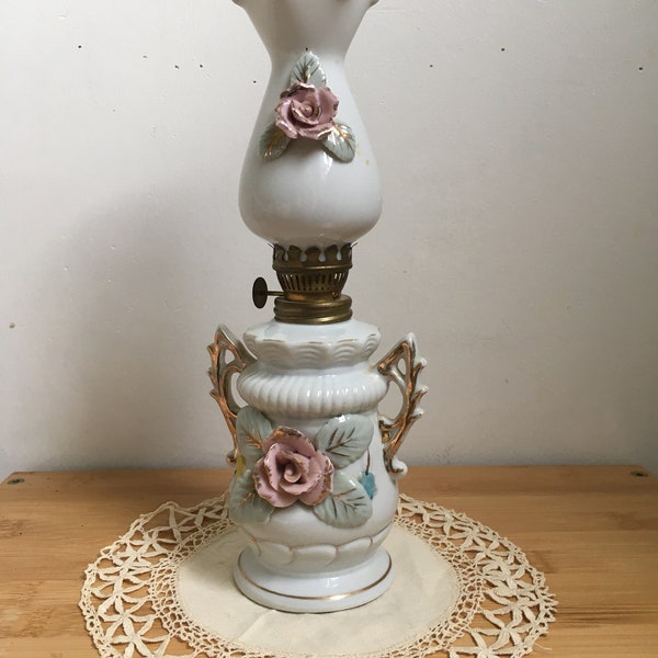 VTG Betson Hand Painted Applied Rose Floral Applique Porcelain Miniature Oil Lamp Japan 1940's