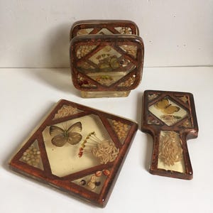 Porta tovaglioli in resina lucite VTG Sottopentola poggia cucchiaio Fiori secchi Grani Farfalle