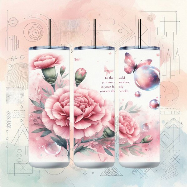 Mother's Day 20oz Skinny Tumbler Wrap,  Pink Carnation, Sublimation Design, Tumbler Wrap, Digital Download, Mother's Day Gift