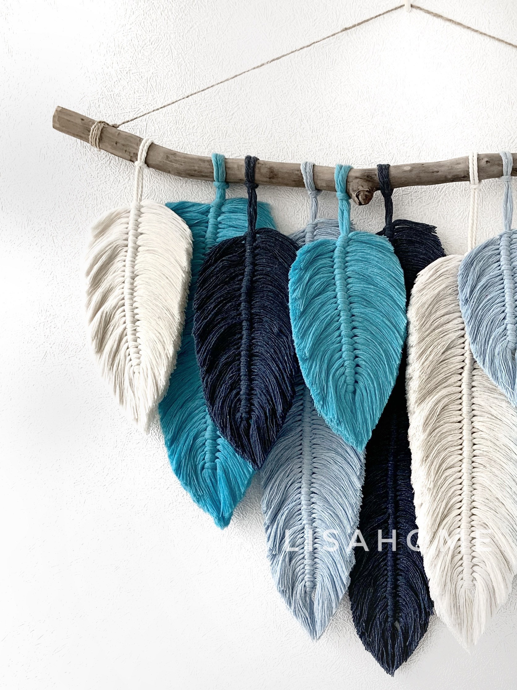Macrame Wall Hanging With Blue Feathers Etsy