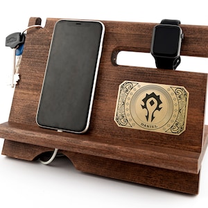 Horde warcraft personalized birthday gift wood docking station men custom gift for him wow gamer phone stand