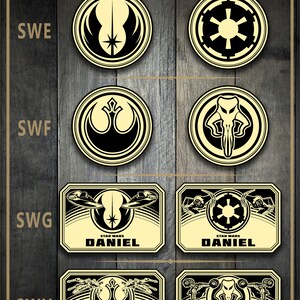 May include: Four different Star Wars themed belt buckles. The buckles are all rectangular and have a black and white design. The top two buckles feature the Rebel Alliance symbol and the Imperial symbol. The bottom two buckles feature the Rebel Alliance symbol and the Mandalorian symbol. Each buckle has the text "Star Wars" and "Daniel" on it.