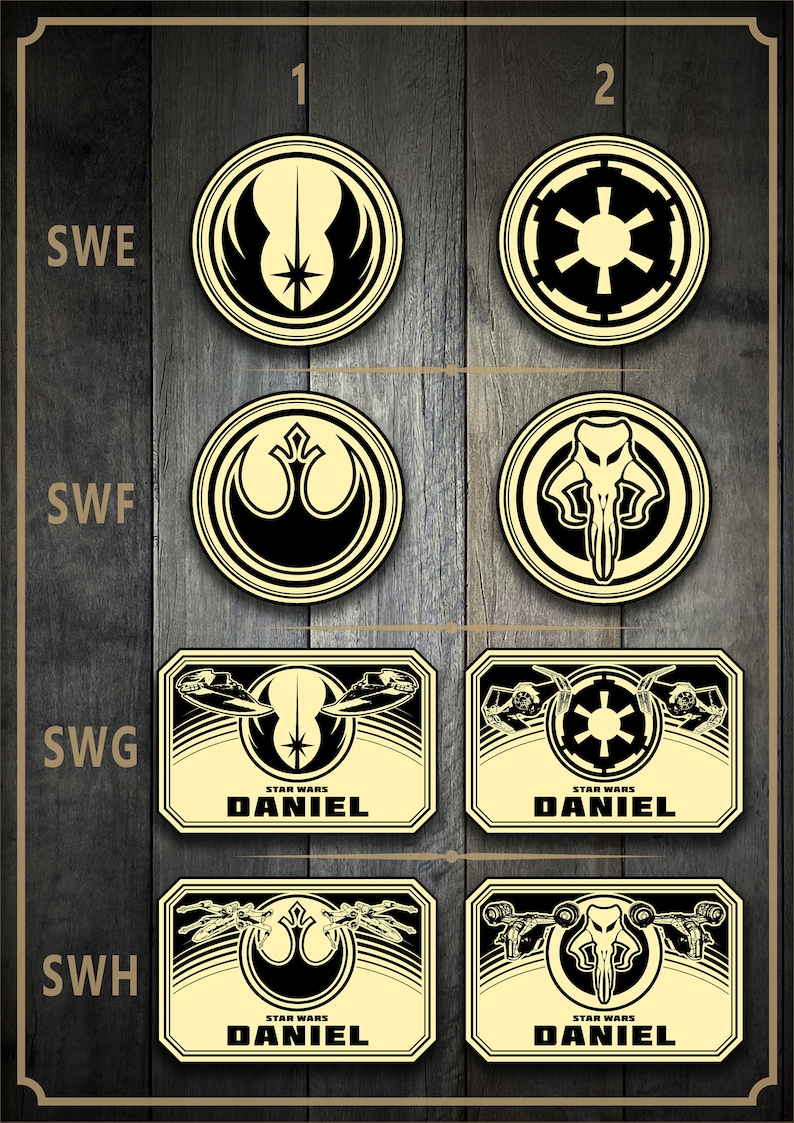 May include: Four different Star Wars themed belt buckles. The buckles are all rectangular and have a black and white design. The top two buckles feature the Rebel Alliance symbol and the Imperial symbol. The bottom two buckles feature the Rebel Alliance symbol and the Mandalorian symbol. Each buckle has the text "Star Wars" and "Daniel" on it.