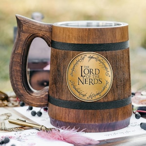 Lord of the nerds mug Handmade wooden stein with etched brass plate Best friend fantasy gift