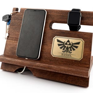 Zelda birthday gift Personalized wood docking station Hylian crest Triforce