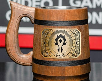 Horde mug Custom Birthday gift for gamer Handmade wood stein with etched plate