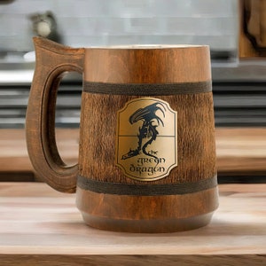 Green dragon mug Wood beer stein Fantasy gift for men