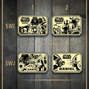 May include: Four yellow and black rectangular belt buckles with the text "Star Wars" and "Daniel" on each. The buckles feature different characters and scenes from the Star Wars franchise.