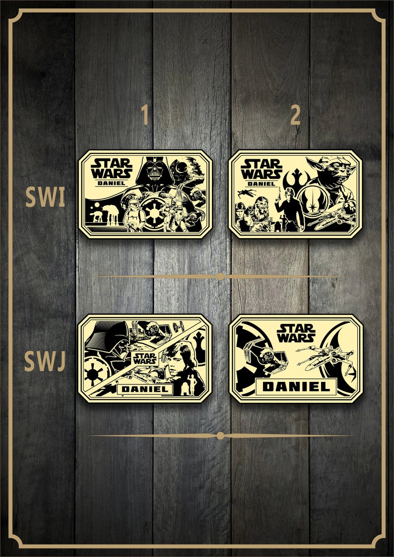 May include: Four yellow and black rectangular belt buckles with the text "Star Wars" and "Daniel" on each. The buckles feature different characters and scenes from the Star Wars franchise.
