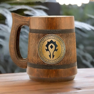 Horde mug Handmade wood stein with etched plate Gift for gamer