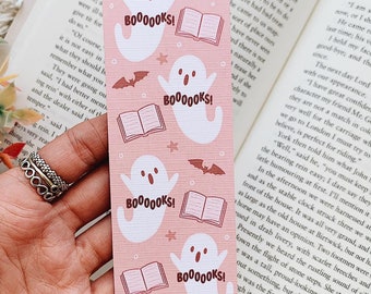 Booooks! Pink Ghost Halloween Linen Bookmark | Bookmark Voucher | Coupon Bookmark | Cozy Book Gift | Reading Bookmark | Halloween Bookmark