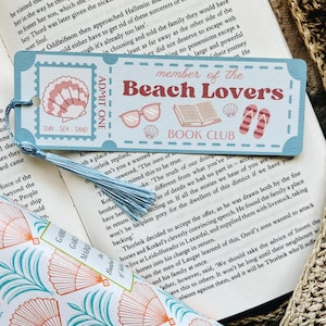 Marcapáginas de lino estilo cupón del Club de lectura de amantes de la playa / Tarjeta de lino / Marcapáginas de chica playera / Marcapáginas de lectura de verano / Marcapáginas de conchas de verano