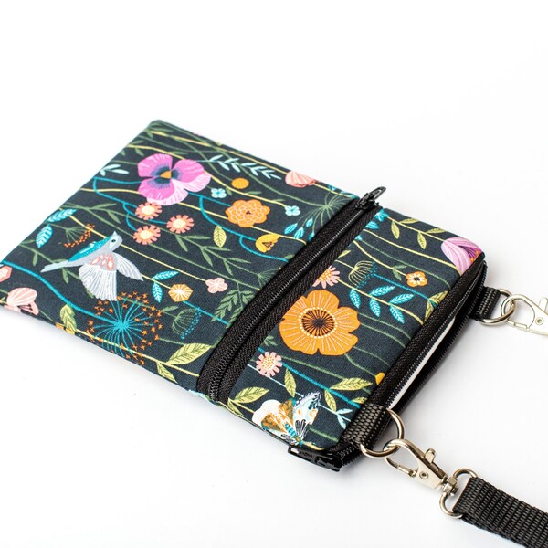 Wildflowers Phone Bag, Women's Floral iPhone Pouch, Small Padded Passport Bag with Flowers, Handmade Crossbody Purse - birds and wildflowers
