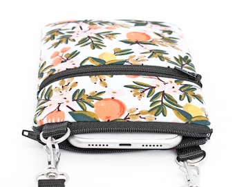 Lemon Fabric iPhone Bag, Tropical Phone Bag, Double Zipper Travel Bag - citrus fruits with leaves