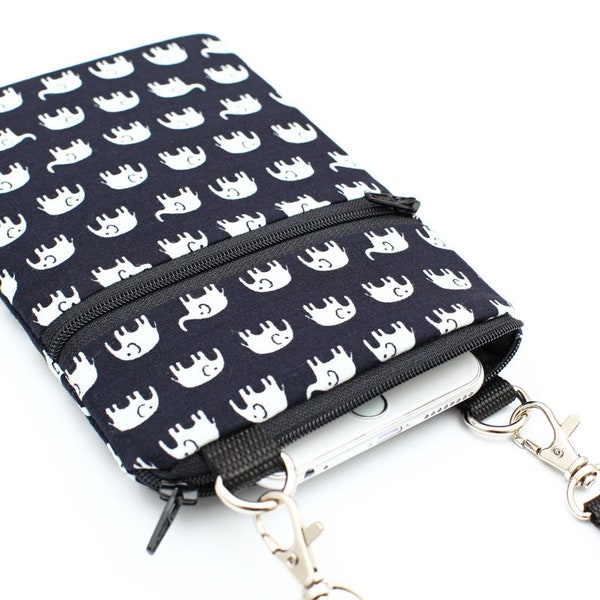 Elephants iPhone Bag, Animal Crossbody Phone Bag, Small Padded Travel Bag, Cute Fabric Passport Bag - tiny white elephants on black