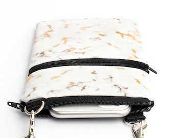 Marble Gold Phone Crossbody, Women's Minimalist Phone Bag, Small Padded Travel Bag - gold white marble