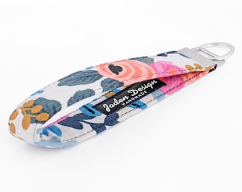 Floral Key Fob Wristlet, Keychain Lanyard, Fabric Wristlet Strap for Women - pink floral in off-white
