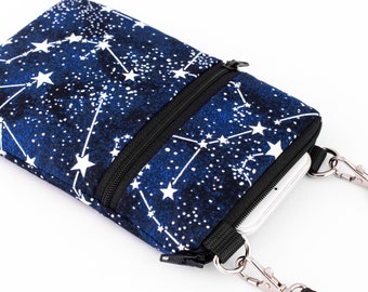 iPhone 15 Pro Bag with Shoulder Strap, Handmade Padded Phone Crossbody Bag - glow in-the-dark constellation, stars night sky