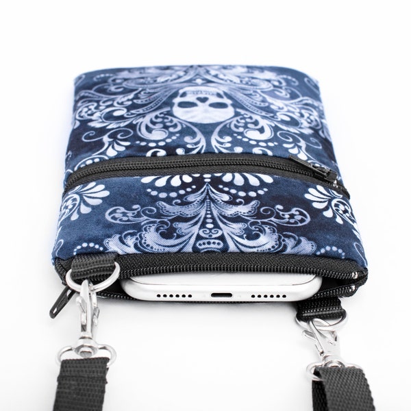 Gothic Phone Bag, Smartphone Travel Bag, Small Padded Crossbody Bag - greyish blue tie dye skulls