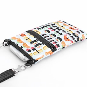 Travel Phone Cross Body Bag, Fabric Smartphone Bag, Padded Phone Crossbody Bag - sushi fabric