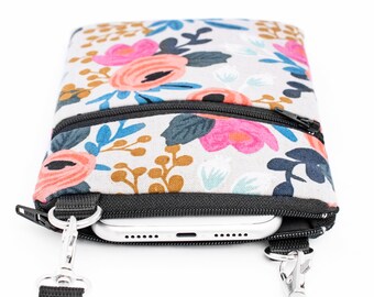 Phone Crossbody Bag, Cell Phone Travel Bag, Small Padded Cross Body Bag - pink floral in off-white