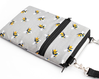 Honey Bees iPhone Bag, Insect Cross Body Phone Bag, Small Padded Crossbody Travel Bag, Passport Bag - yellow bumble bees in grey