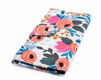 Roses Bifold Wallet, Floral Fabric Long Wallet, Women's Handmade Phone Organizer - pink floral in off-white