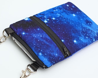 iPhone 15 Pro Bag with Shoulder Strap, Handmade Padded Phone Crossbody Bag - blue galaxy with stars