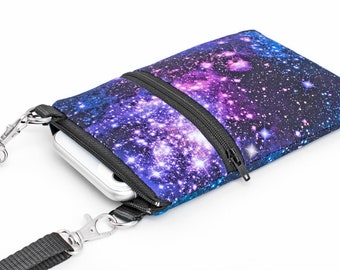 iPhone 12 Pro Bag with Shoulder Strap, Handmade Padded Phone Crossbody Bag - purple and blue galaxy with stars