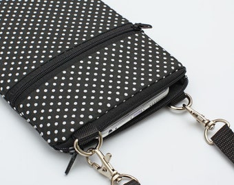 Black Dotted iPhone Bag, Spotted Phone Purse, Padded Crossbody Pouch, Small Travel Bags for Passport - black and white polka dots