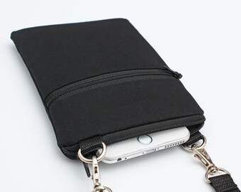 Black Phone Bag, Smartphone Travel Bag, Small Padded Crossbody Bag - solid black twill