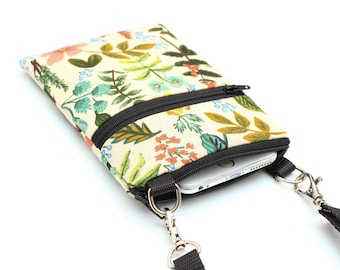 Botanical Fabric iPhone Bag, Women's Plants iPhone Pouch, Small Padded Travel Purse, Fabric Passport Shoulder Bag - herb garden