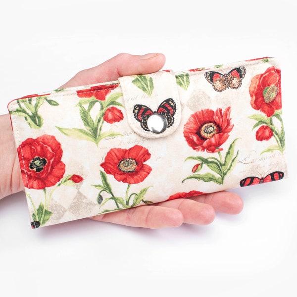 Poppy Fabric Long Wallet, Floral Bifold Wallet, Red Floral Organizer Wallet - red poppies and butterflies