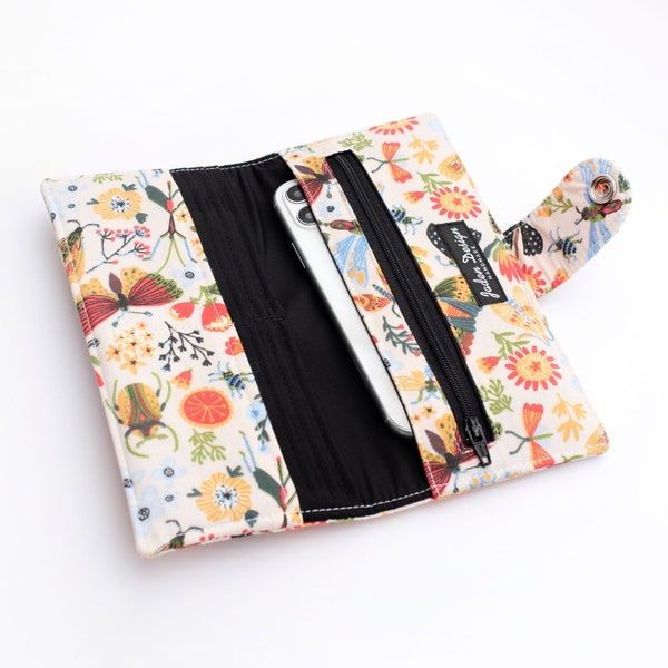 Bugs iPhone Wallet, Floral Fabric Bifold Wallet, Women's Phone Organizer Pouch, Lightweight Card Wallet  - bugs and insects