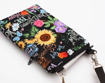 Inspirational iPhone 14 Bag, Lightweight Fabric Smartphone Pouch, Floral Mini Travel Bag, Small Padded Crossbody Bag - quotes and sunflowers