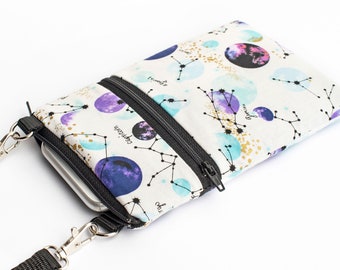 Zodiac Cross Body Bag, iPhone Crossbody Bag, Celestial Phone Purse - purple and white constellations