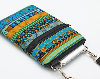 Turquoise Fabric iPhone Bag, Boho Print Phone Purse, Small Padded Travel Bag, Zip Passport Pouch - bohemian blue and gold striped