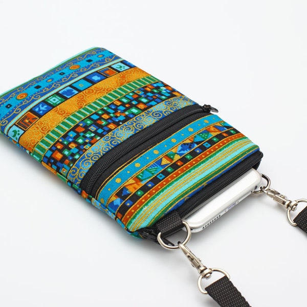 Turquoise Fabric iPhone Bag, Boho Print Phone Purse, Small Padded Travel Bag, Zip Passport Pouch - bohemian blue and gold striped