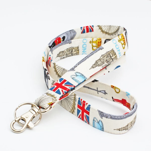 London Icons Neck Lanyard, Fabric London ID Lanyard, Nurse Badge Holder Lanyard, British Key Lanyard - red and blue London theme