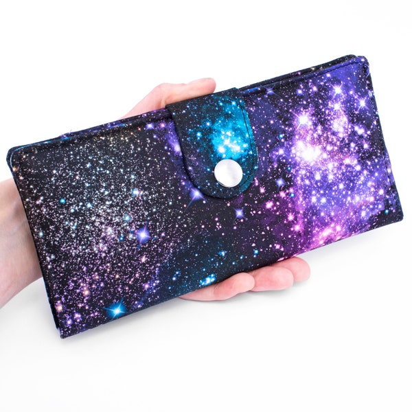 Galaxy Print Bifold Wallet, Purple Fabric Long Wallet, Women's Handmade Phone Organizer - purple and blue galaxy with stars