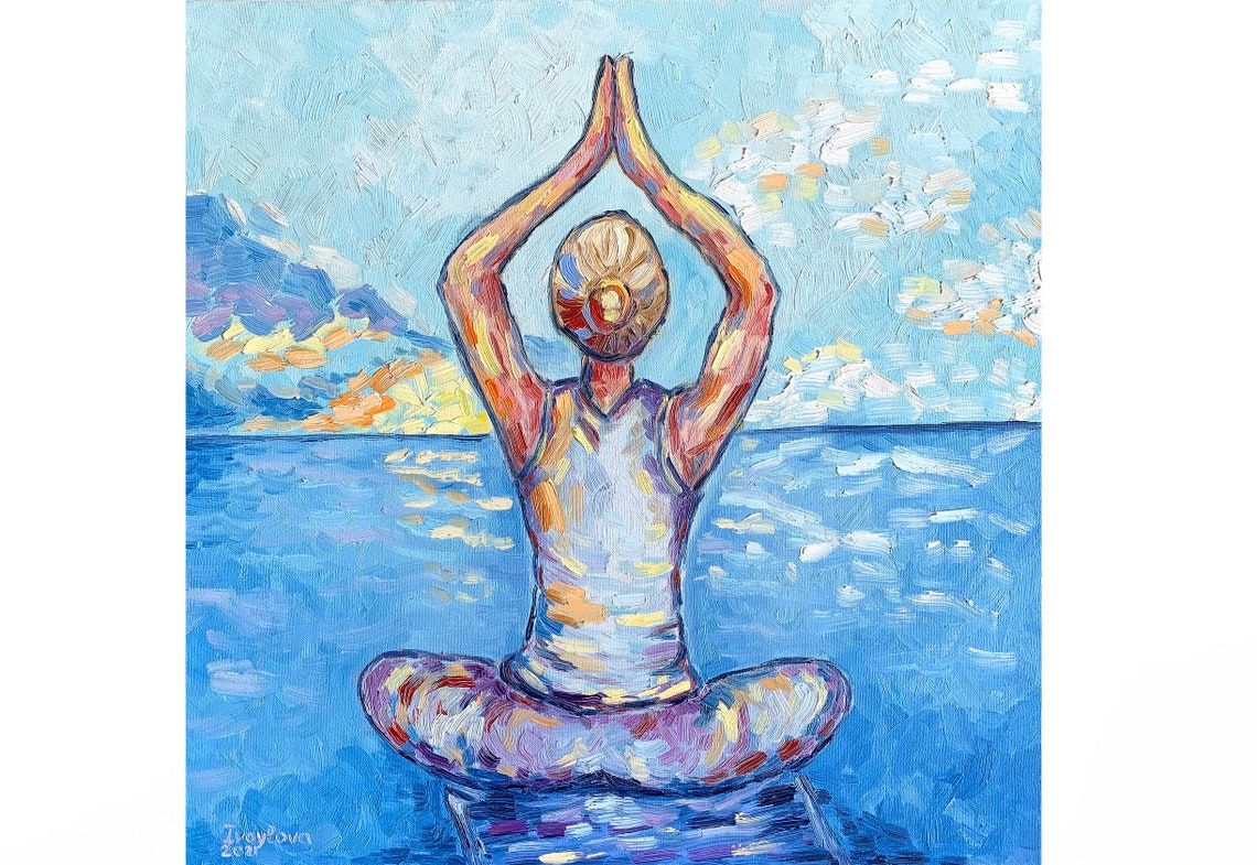 Yoga Painting Woman Original Art Meditation Painting Ocean Etsy