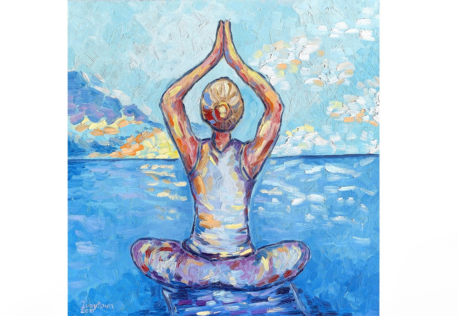 Yoga Painting Woman Original Art Meditation Painting Ocean Etsy