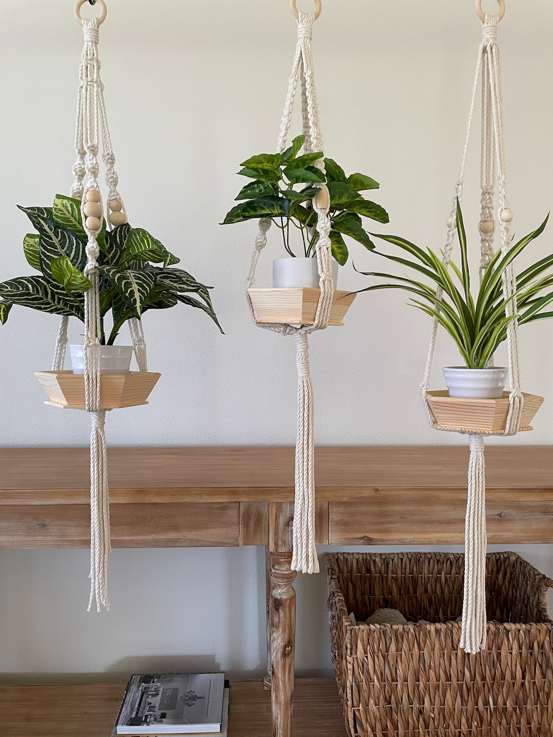 Macrame Plant Hanger with Wood Tray Medium Etsy