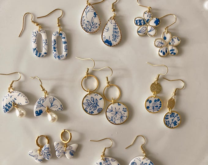 Blue and White Clay Earrings