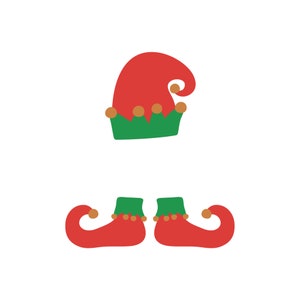 May include: A festive illustration featuring a red elf hat with a green brim and gold accents, above a pair of red elf shoes with green cuffs and gold accents. The design is set against a clean white background, perfect for holiday-themed crafts.