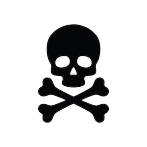 Puede incluir: Icono de calavera y huesos cruzados en blanco y negro.